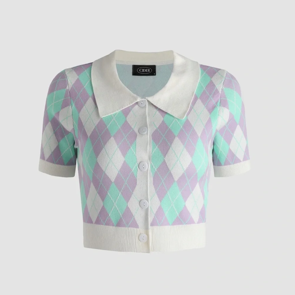 Cider Argyle Crop Lightweight Knit Cardigan Sweater Pastel - Picture 1 of 3